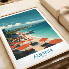 Albania Art Print | Beach Poster showcasing vibrant beach scene with umbrellas and coastline.