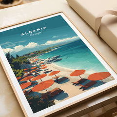 Albania Canvas Print | Balkan Travel Wall Decor featuring a beach scene with umbrellas and coastline.