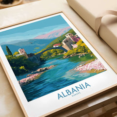 Albania Historic Stone Bridge Art Print | Mountain River Landscape Poster displayed in a modern frame on a table