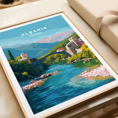 Albania Canvas Print | European Travel Wall Decor featuring a vibrant landscape of Albania with a bridge and river.