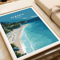 Albania Canvas Print | Balkan Travel Poster featuring a stunning beach scene with turquoise waters and golden sands.