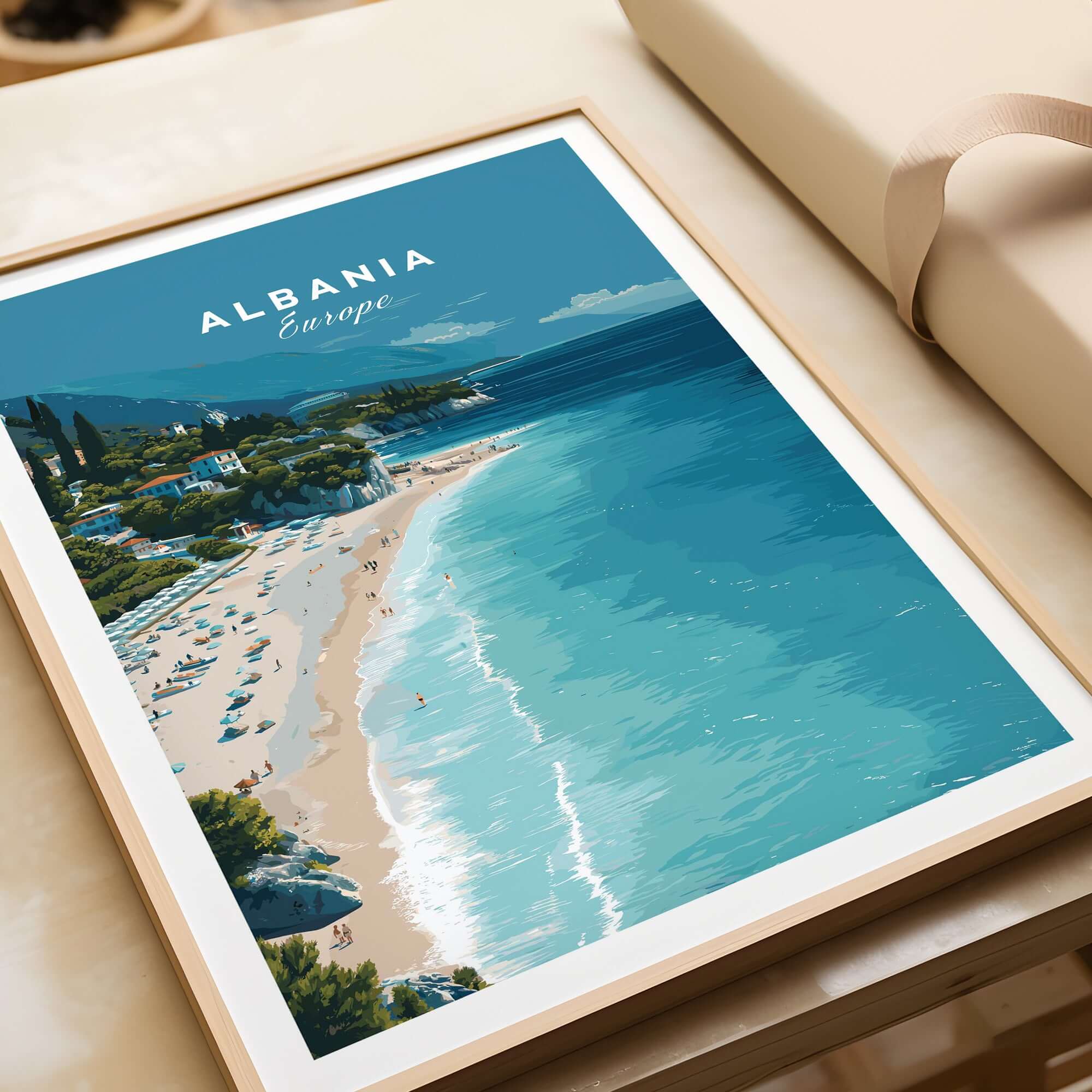 Albania Canvas Print | Balkan Travel Poster featuring a stunning beach scene with turquoise waters and golden sands.
