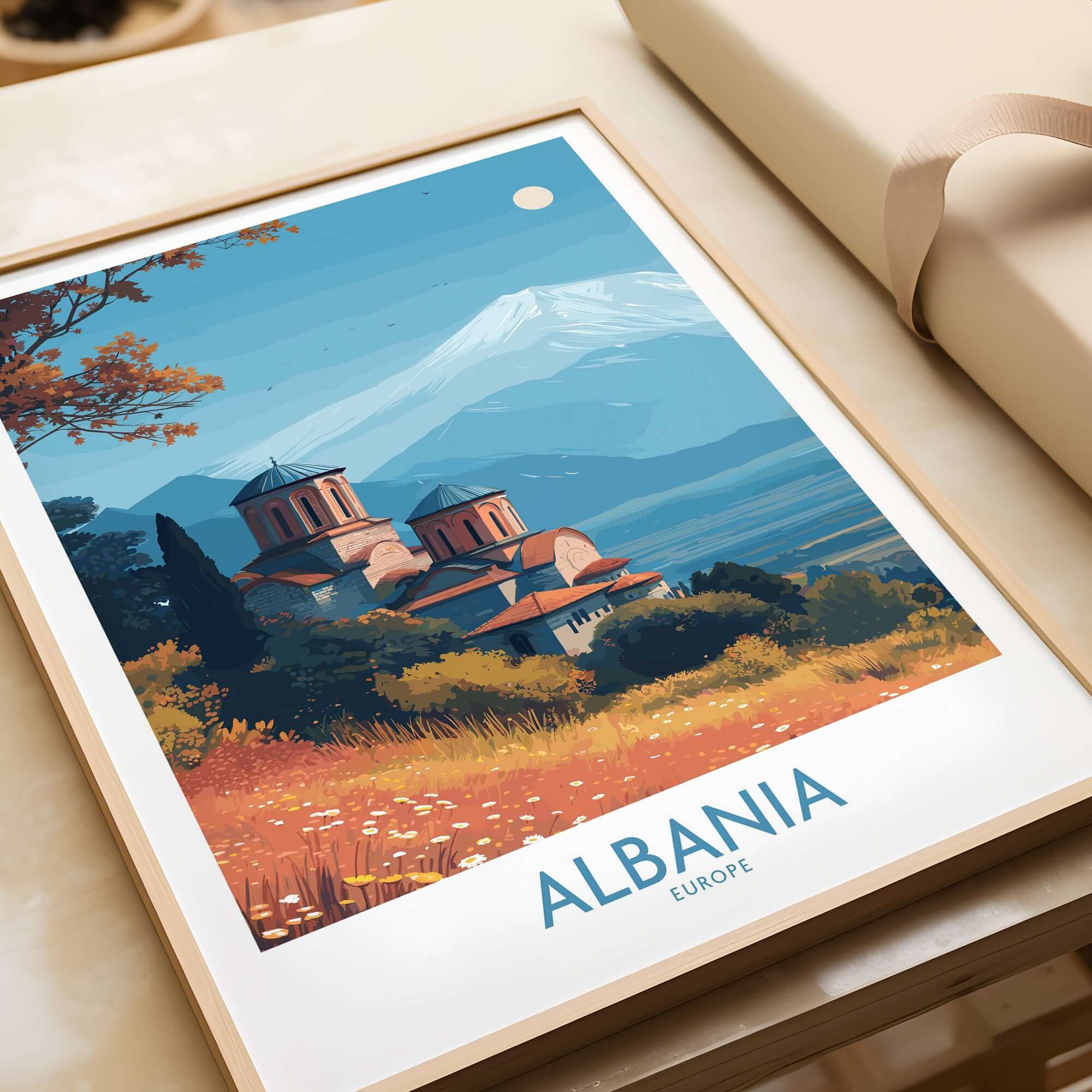 Albania Snow Mountain Church Art Print | Historic Monastery Landscape Poster