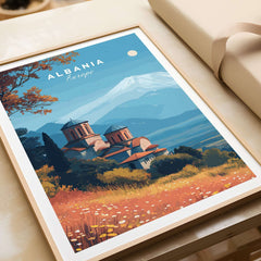 Albania Canvas Print | Framed and Unframed Travel Wall Decor featuring a monastery in a scenic landscape.