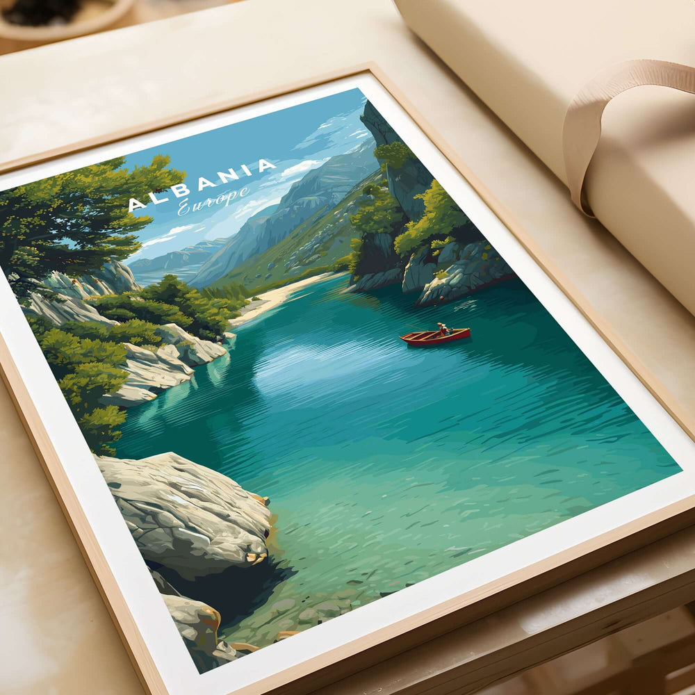 Albania Canvas Art Print featuring a serene lake with mountains and a boat, showcasing Albania's natural beauty.