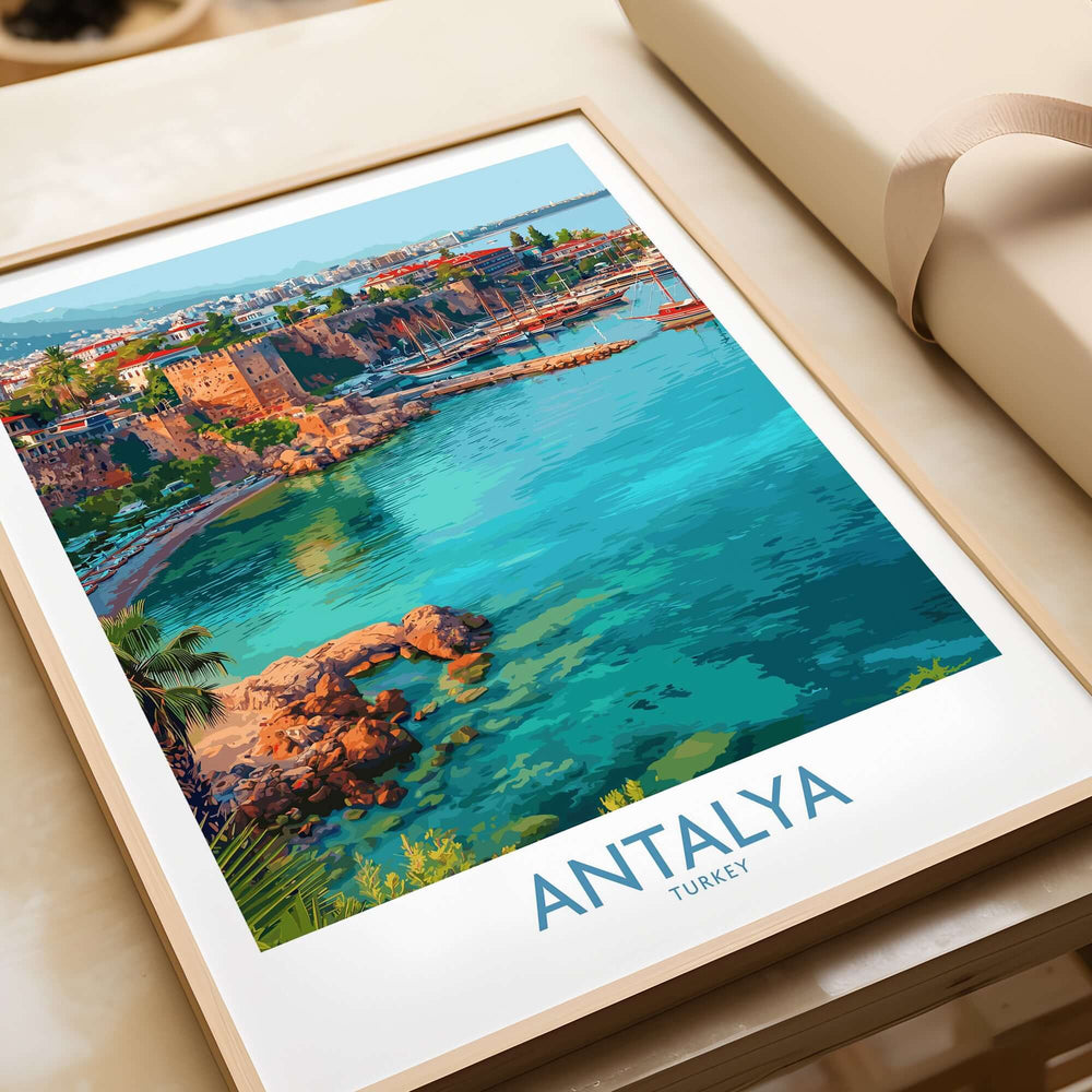Antalya Turkey Old Harbor Art Print | Mediterranean Bay Travel Poster framed on a table showcasing the stunning coastal scenery.