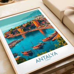 Antalya Turkey Kaleci Port Art Print | Historic Red Tower Poster featuring the vibrant harbor and architecture of Antalya.