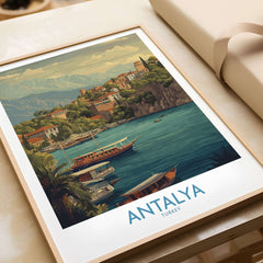 Antalya Turkey Harbour Cliff Art Print | Taurus Mountains View Poster displayed on a wooden table, showcasing scenic coastline.