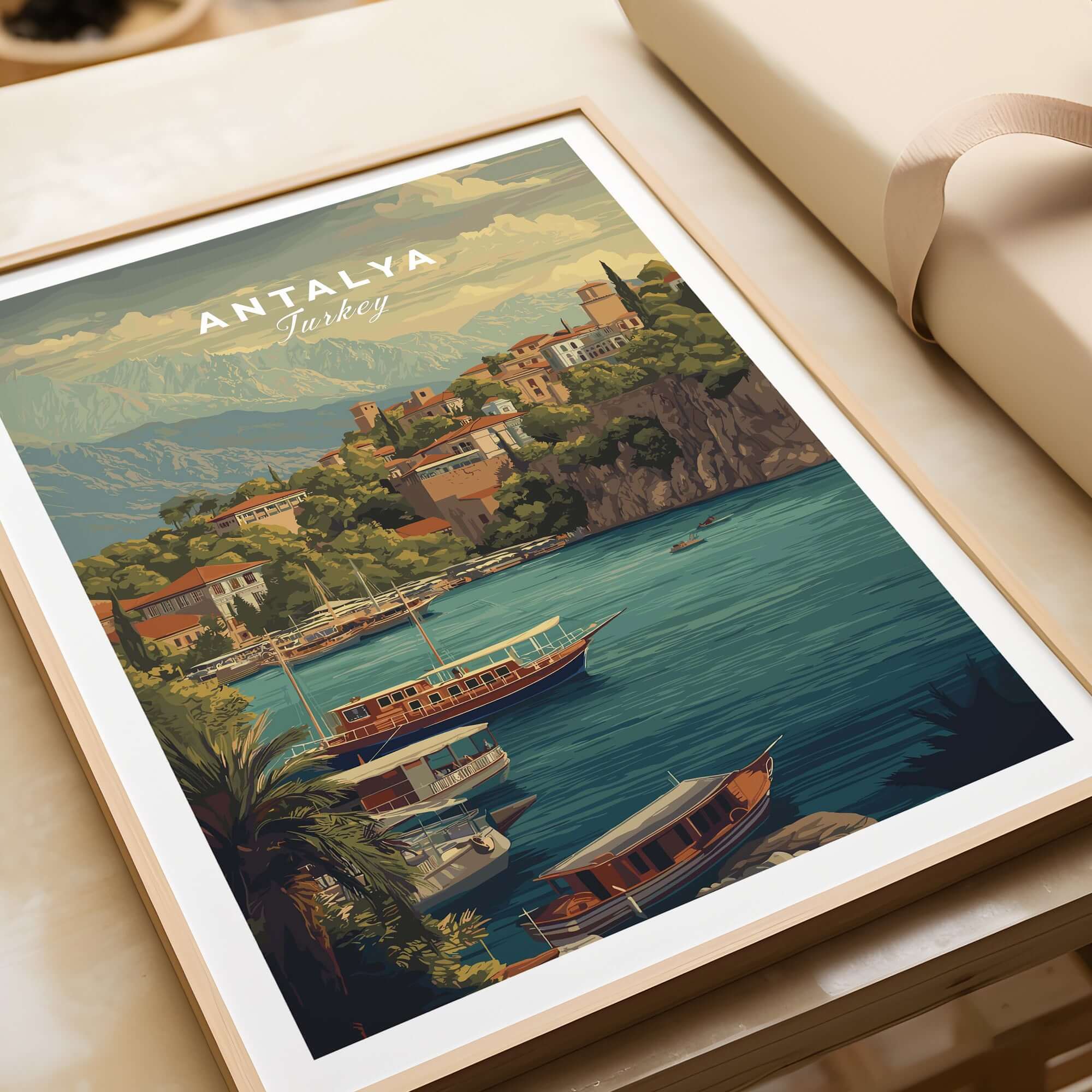 Antalya Kaleiçi Marina Canvas Print | Turkish Travel Wall Decor showcasing boats in vibrant waters and charming architecture