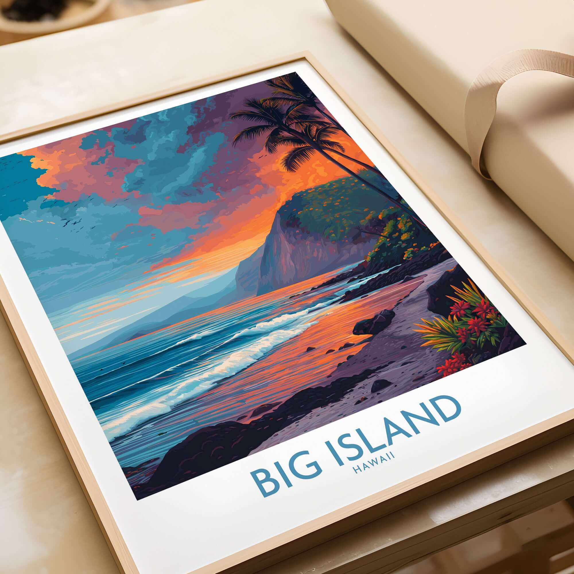 Big Island Hawaii Sunset Beach Art Print | Tropical Palm Tree Poster showcasing vibrant sunset over waves and palm trees.