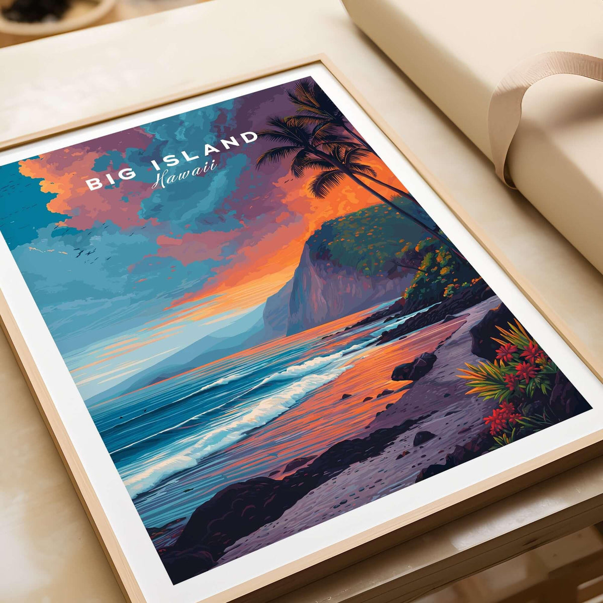 Big Island Hawaii Canvas Print | Pacific Ocean Wall Decor showcasing vibrant beach scene with palm trees and sunset colors.