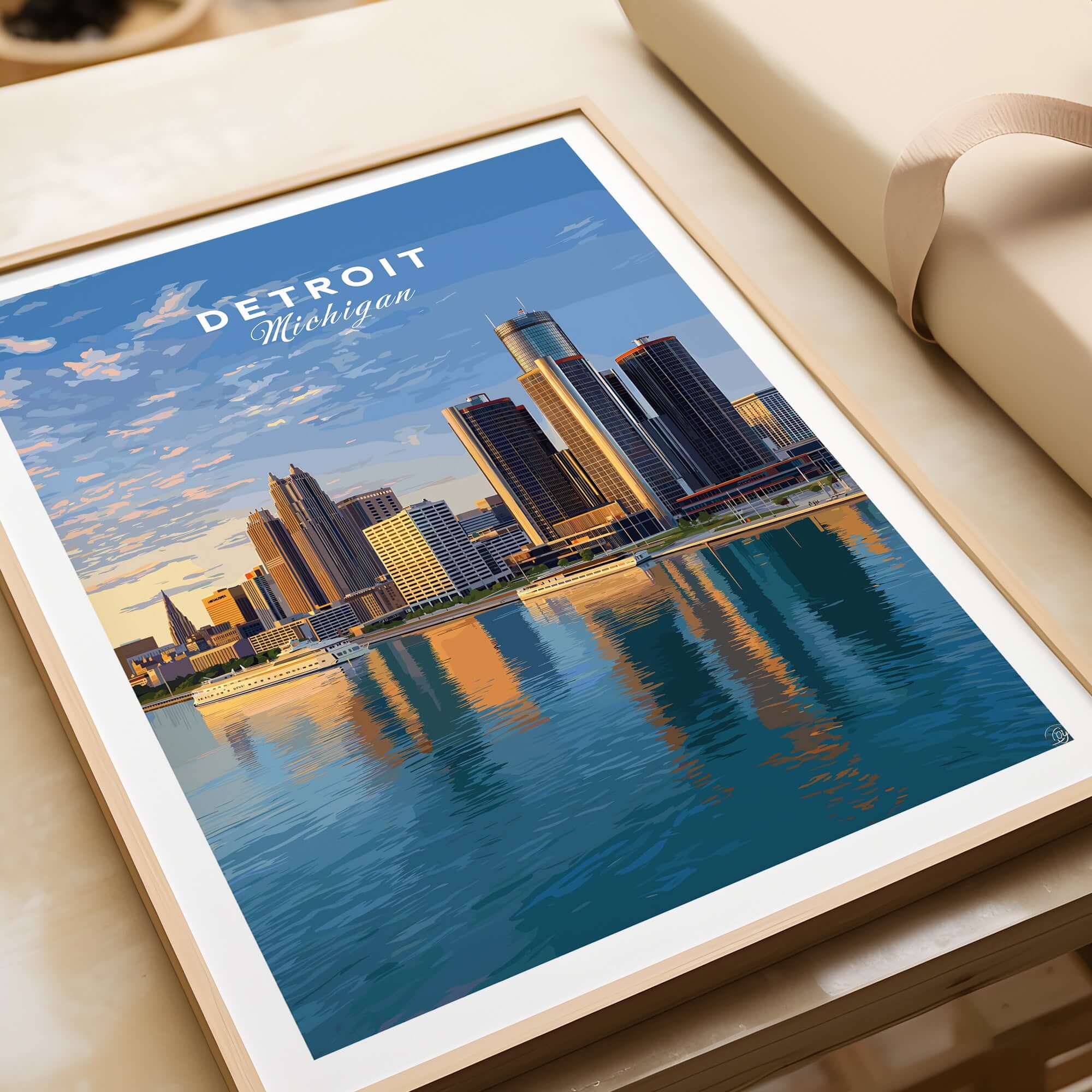 Detroit Riverfront Sunset View Print | Modern US City Wall Decor in a framed setting, showcasing Detroit's skyline.
