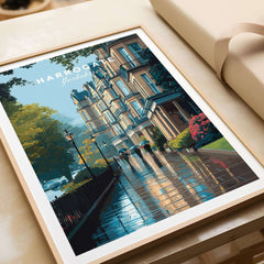 Harrogate Classic British Town Scene Print | English Architecture Wall Art displayed in a modern setting with rain-soaked streets.