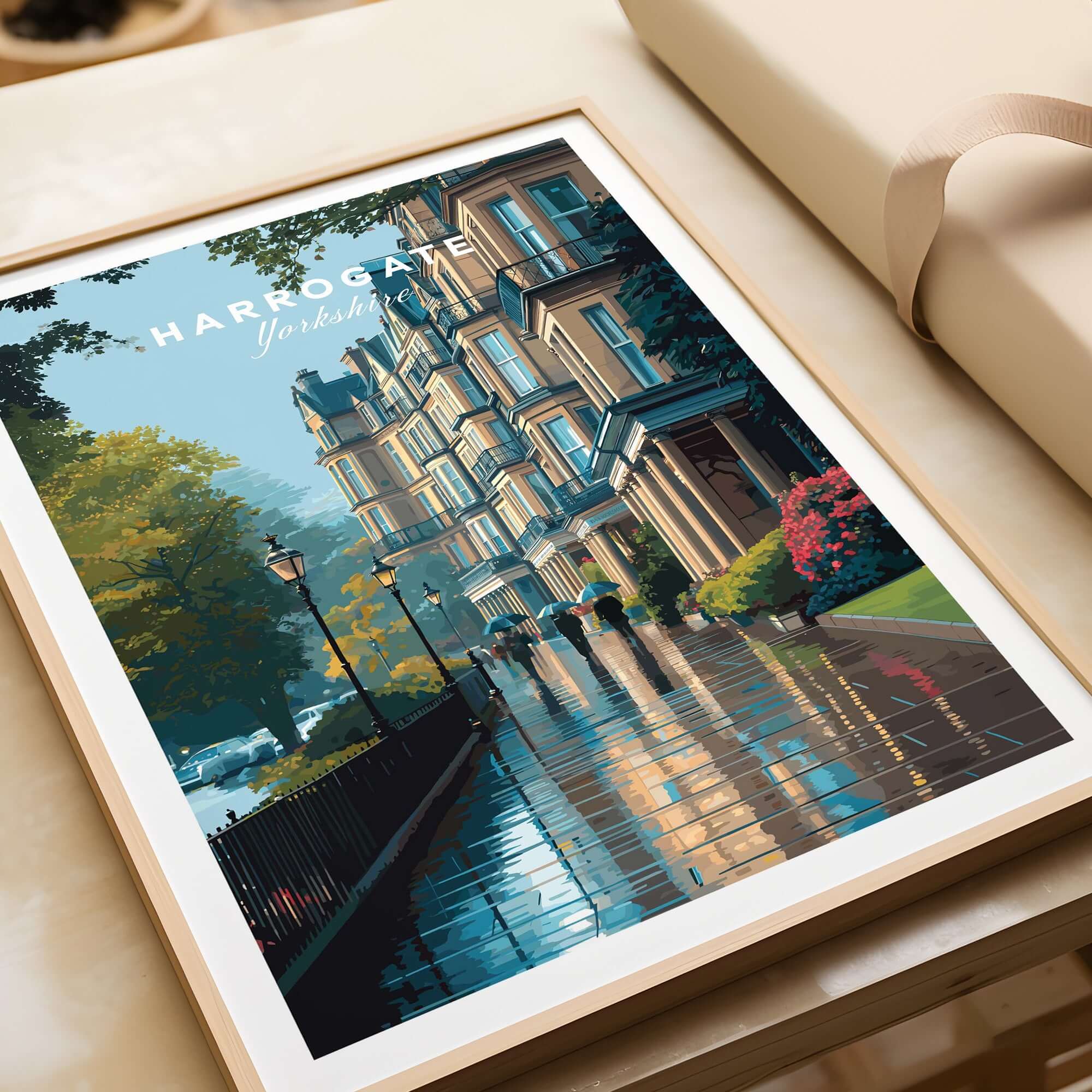 Harrogate Classic British Town Scene Print | English Architecture Wall Art displayed in a modern setting with rain-soaked streets.