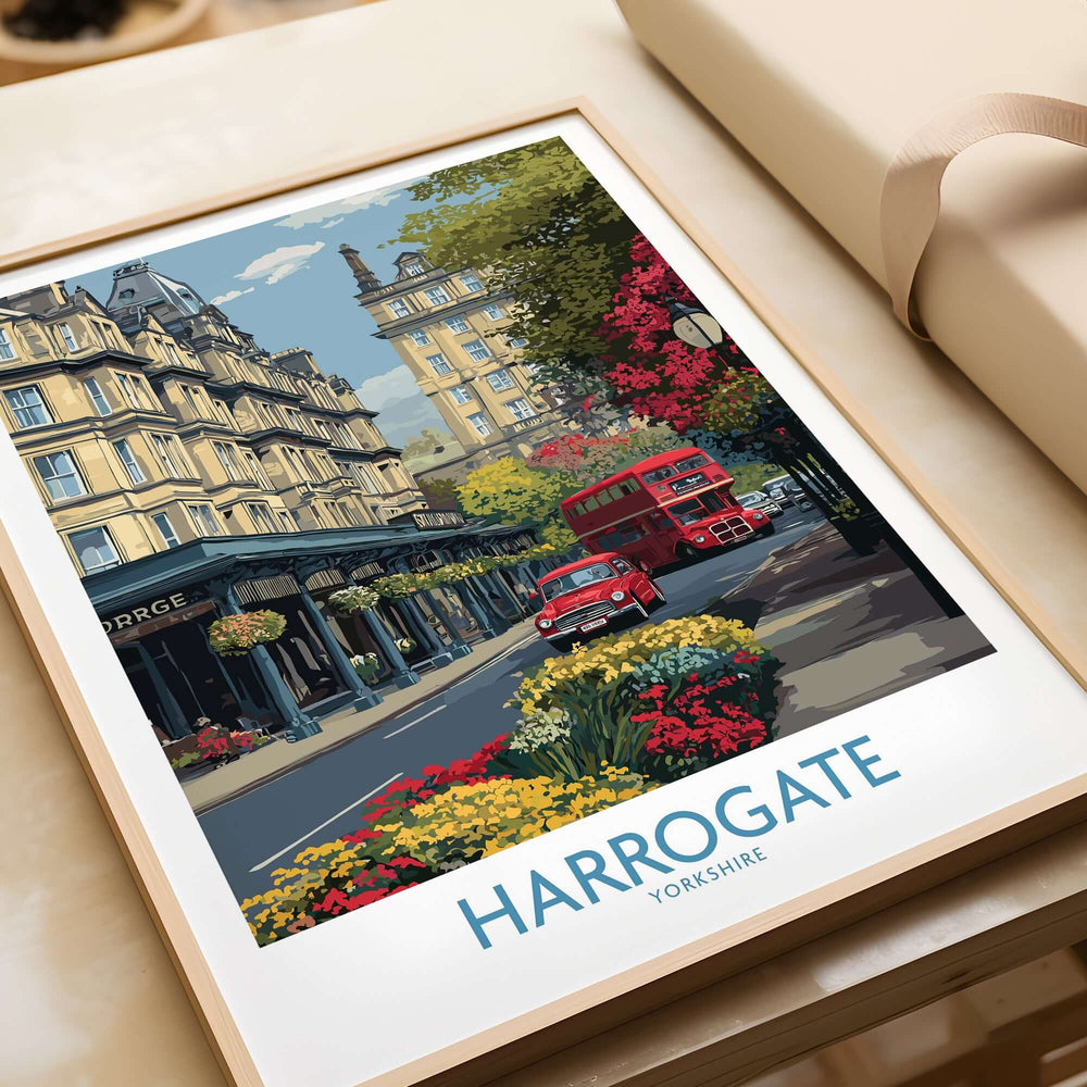 Harrogate Yorkshire Print | Floral Street Scene Poster featuring a vibrant street scene with flowers and classic British vehicles.