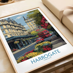 Harrogate Yorkshire Print | Floral Street Scene Poster featuring a vibrant street scene with flowers and classic British vehicles.
