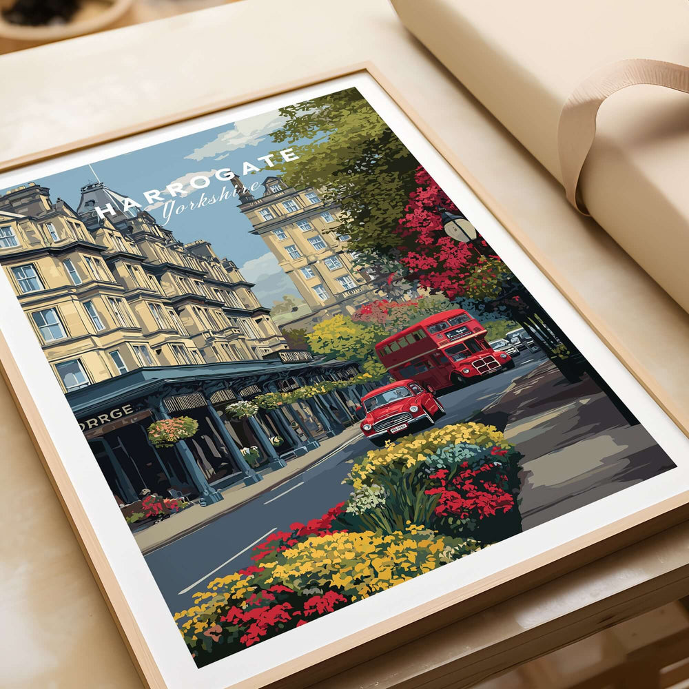 Harrogate Print | English City Wall Decor featuring vibrant city streets and vintage cars in Harrogate.