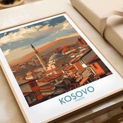Kosovo Prizren Old Town Art Print | Historic Mosque View Poster displayed in a stylish frame on a table.