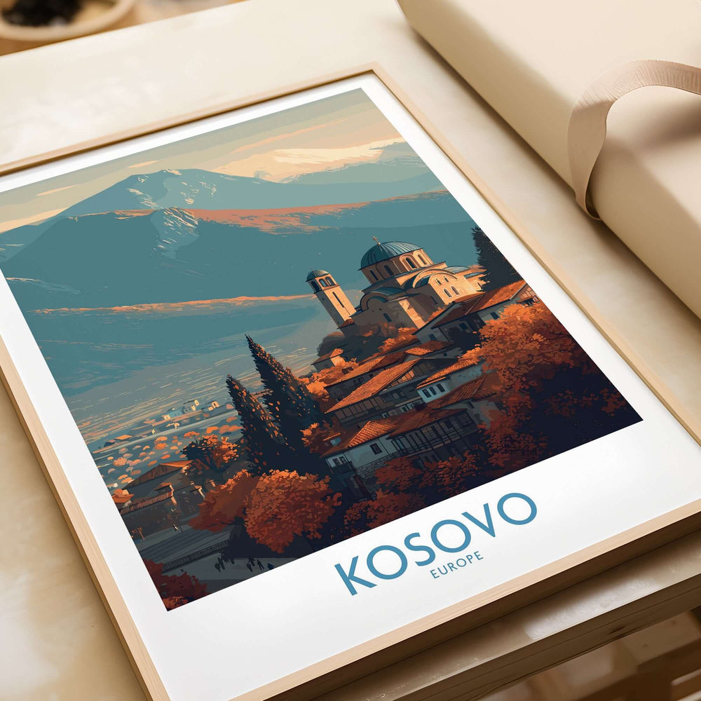 Kosovo Monastery and Mountains Art Print | Autumn Balkan Landscape Poster framed on a table showcasing autumn colors and mountains.