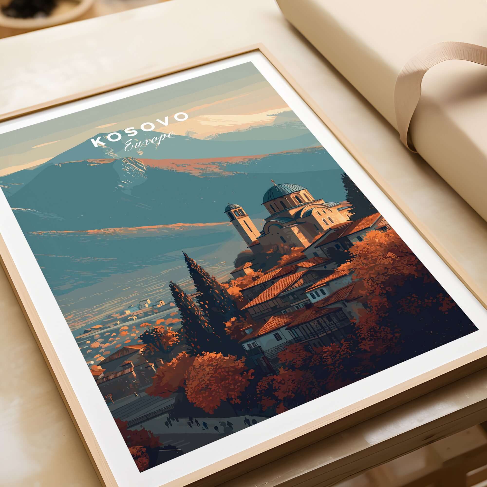 Kosovo Historic Church Hill View Canvas Print | European Wall Decor displayed in a modern frame on a tabletop.