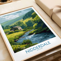 Nidderdale England Riverside Cottage Art Print | Yorkshire Valley Poster showcasing serene landscape and riverside cottage.