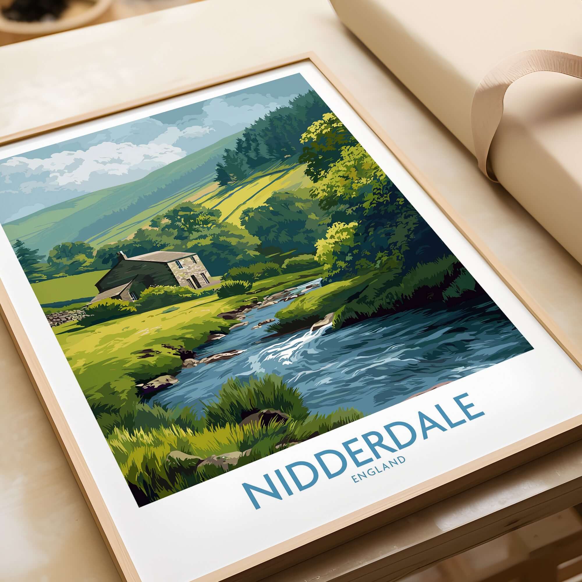 Nidderdale England Riverside Cottage Art Print | Yorkshire Valley Poster showcasing serene landscape and riverside cottage.