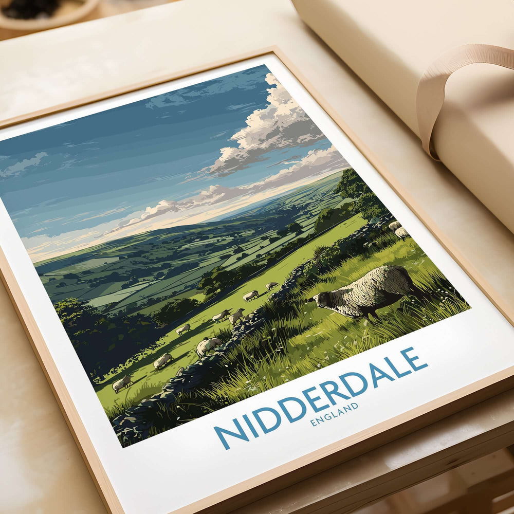 Nidderdale Art Print | Yorkshire Dales Sheep Poster featuring a serene landscape with grazing sheep.