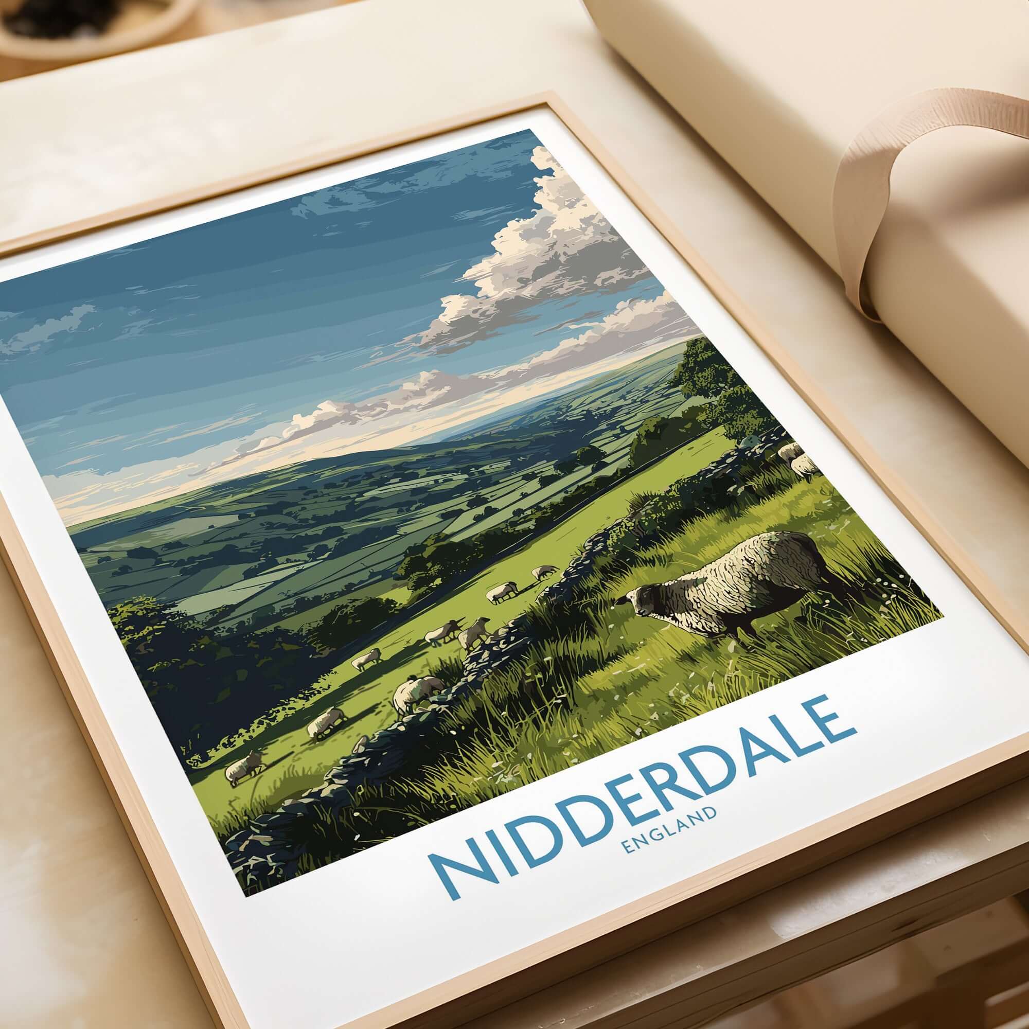 Nidderdale Art Print | Yorkshire Dales Sheep Poster featuring a serene landscape with grazing sheep.