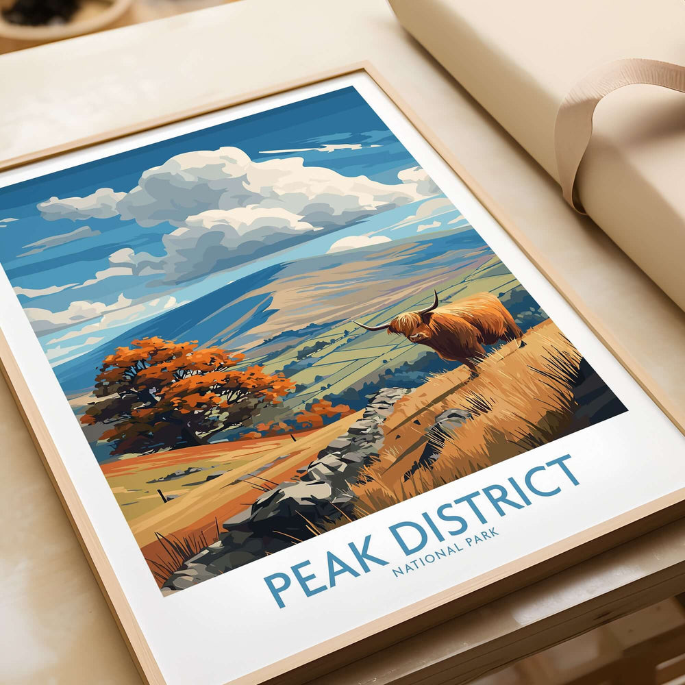 Peak District National Park Highland Cow Art Print | Derbyshire Landscape Poster featuring a Highland cow in a vibrant landscape.