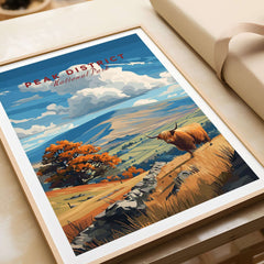 Peak District Mam Tor View Canvas Print | Autumn Landscape Wall Decor featuring a Highland cow and autumn scenery.