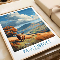 Peak District National Park Highland Cattle Art Print | Rolling Hills Poster featuring a Highland cow in a scenic landscape