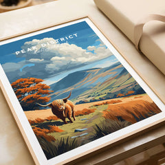 Peak District Scenic View Canvas Print | Derbyshire Home Wall Art featuring a Highland cow in a colorful landscape.