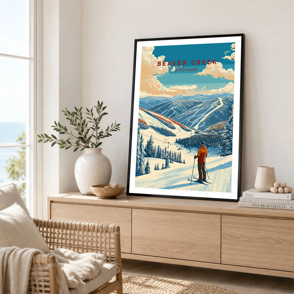 Beaver Creek Colorado Mountain View Ski Print - Scenic Slope Wall Art in a black frame displayed on an oak sideboard in a bright coastal living room