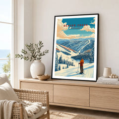 Beaver Creek Colorado Mountain View Ski Print - Scenic Slope Wall Art in a black frame displayed on an oak sideboard in a bright coastal living room