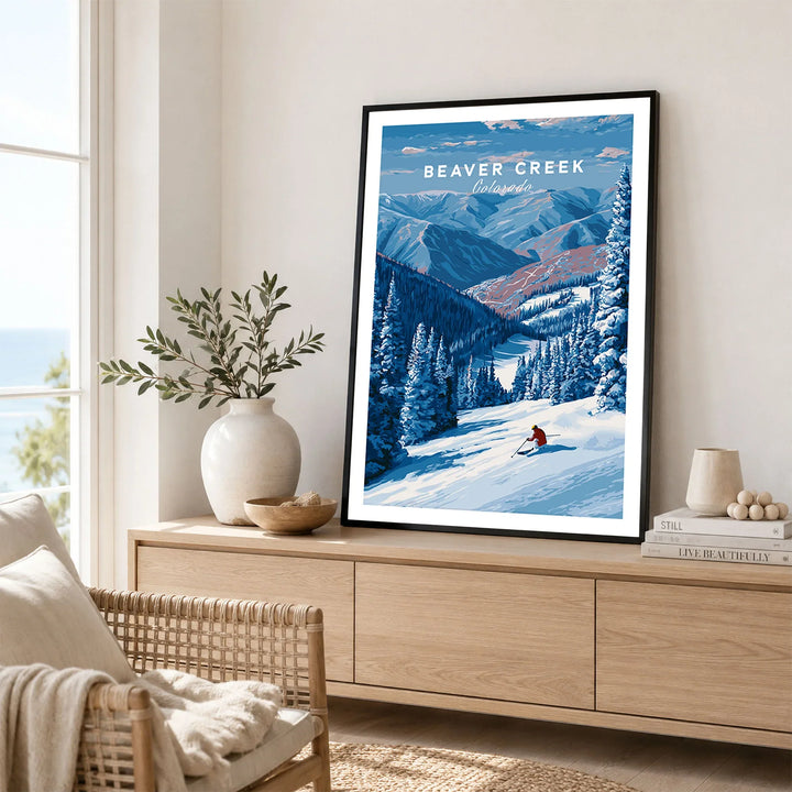 Beaver Creek Colorado Solo Skier Wall Art - Mountain Adventure Print in a black frame displayed on an oak sideboard in a bright coastal living room