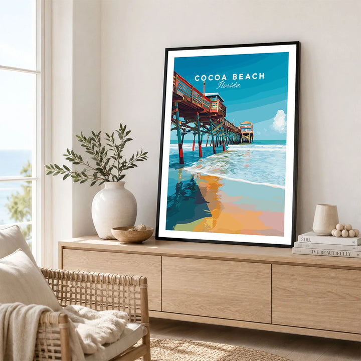 Cocoa Beach Florida Pier Print - Coastal Florida Wall Art in a black frame displayed on an oak sideboard in a bright coastal living room