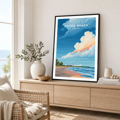 Cocoa Beach Florida Rocket Launch Print - Space Coast Wall Art in a black frame displayed on an oak sideboard in a bright coastal living room