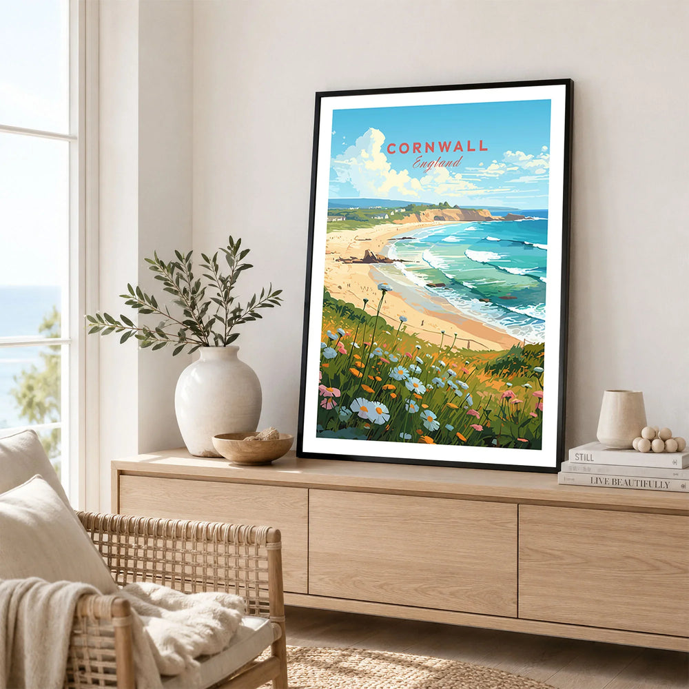 Cornwall Art Print in a black frame displayed on an oak sideboard in a bright coastal living room
