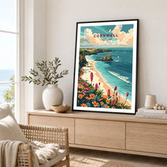 Cornwall Wall Art Print - United Kingdom Travel Poster in a black frame displayed on an oak sideboard in a bright coastal living room
