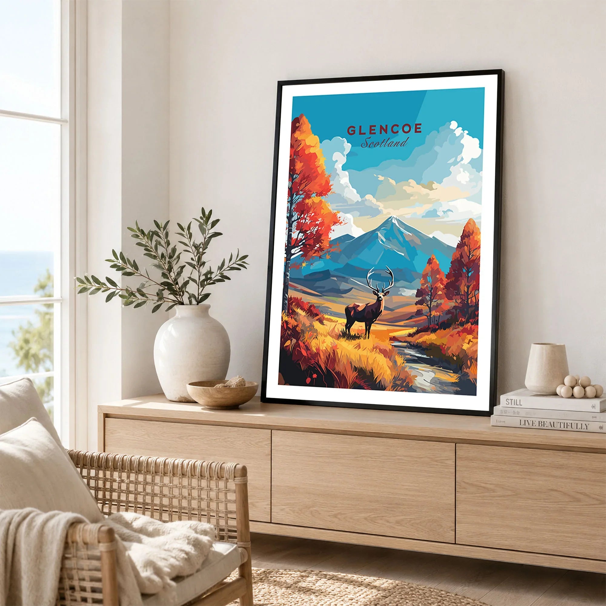 Glencoe Art Print in a black frame displayed on an oak sideboard in a bright coastal living room