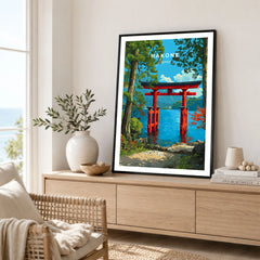 Hakone Japan Lake Ashi Torii Gate Poster - Floating Gate Wall Art in a black frame displayed on an oak sideboard in a bright coastal living room