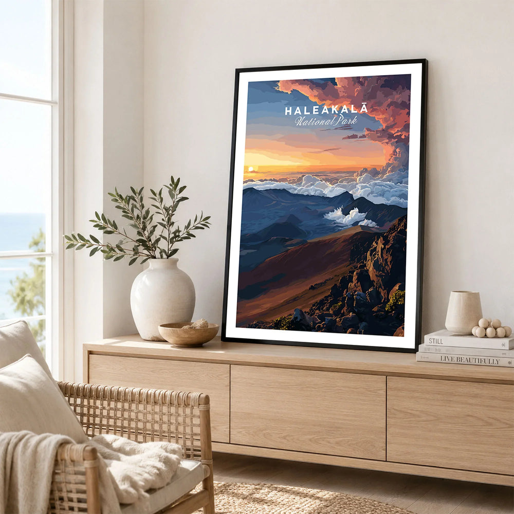 Haleakalā Sunset Poster, Maui Hawaii Wall Art, National Park Travel Print in a black frame displayed on an oak sideboard in a bright coastal living room