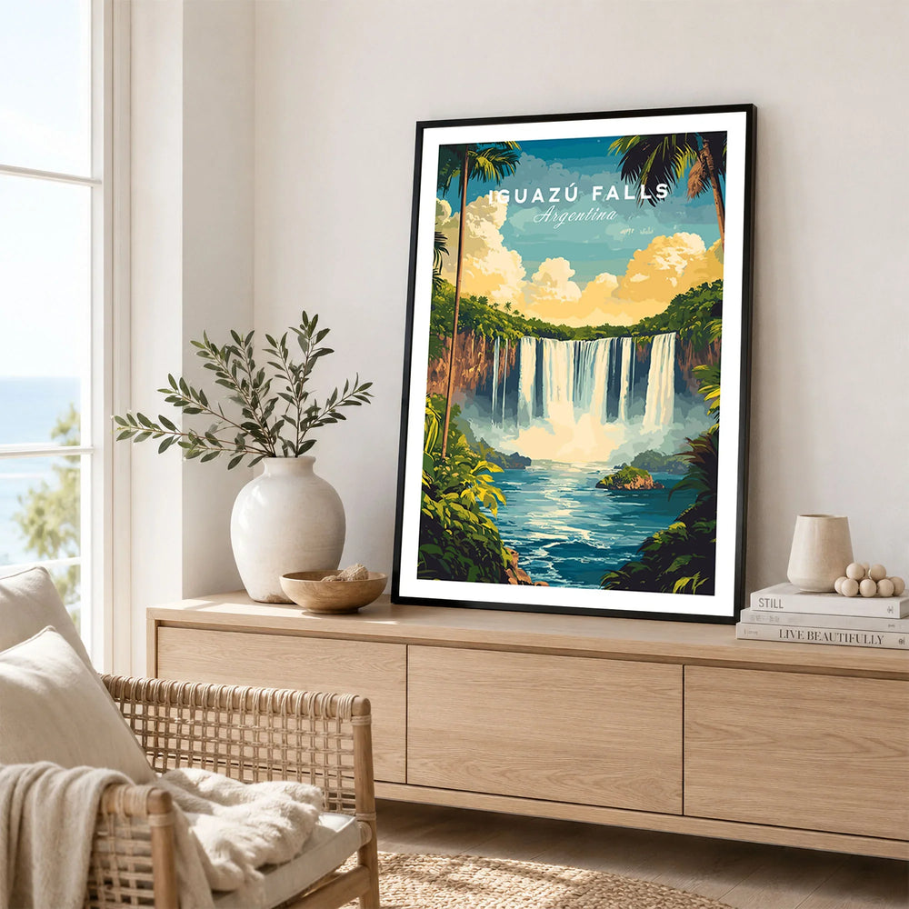 Iguazu Falls Wall Art in a black frame displayed on an oak sideboard in a bright coastal living room