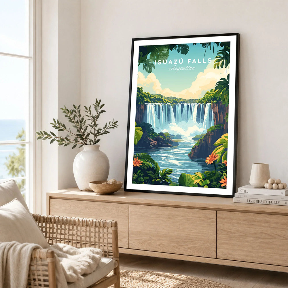 Iguazu Falls Print Argentina in a black frame displayed on an oak sideboard in a bright coastal living room