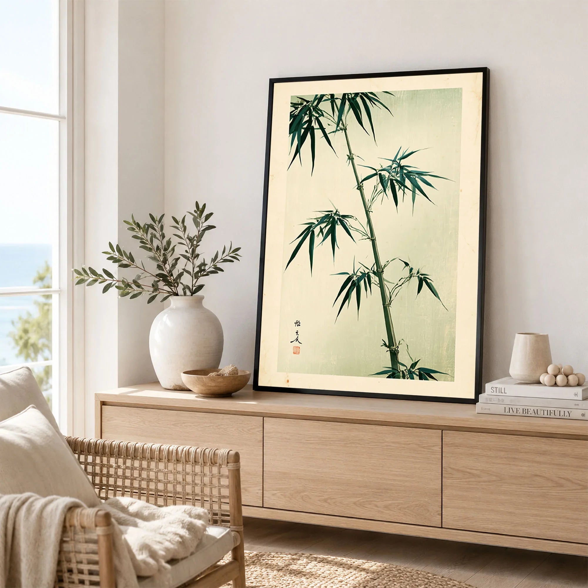 Green Bamboo Art Print – Japanese Botanical Wall Art — framed artwork living room lifestyle setting