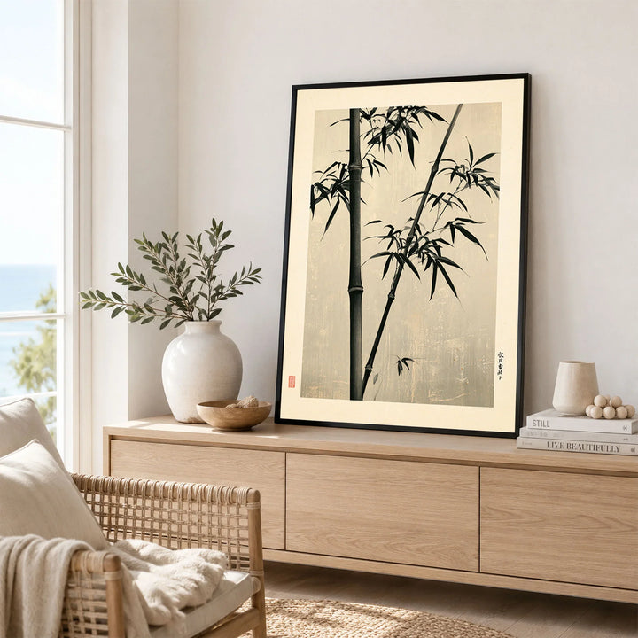 Black Bamboo Art Print – Japanese Ink Wall Art — framed artwork living room lifestyle setting