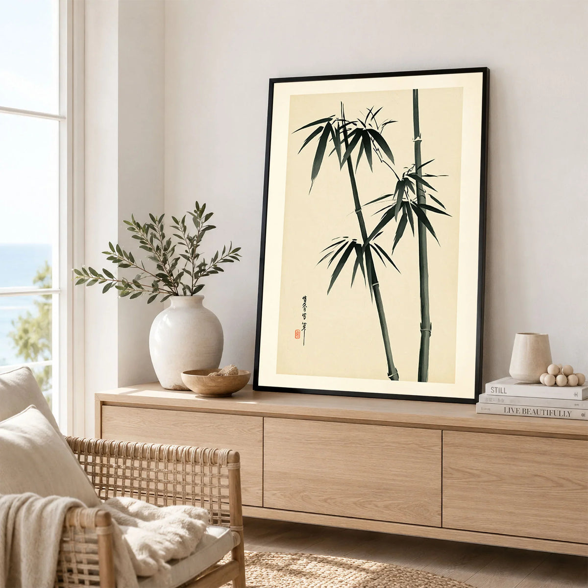 Bamboo Wall Art – Vintage Japanese Ink Print — framed artwork living room lifestyle setting