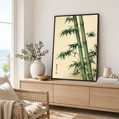 Bamboo Art Print – Green Japanese Botanical Wall Art — framed artwork living room lifestyle setting