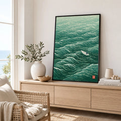 Lone Boat Art Print – Japanese Ocean Wall Art — framed artwork living room lifestyle setting