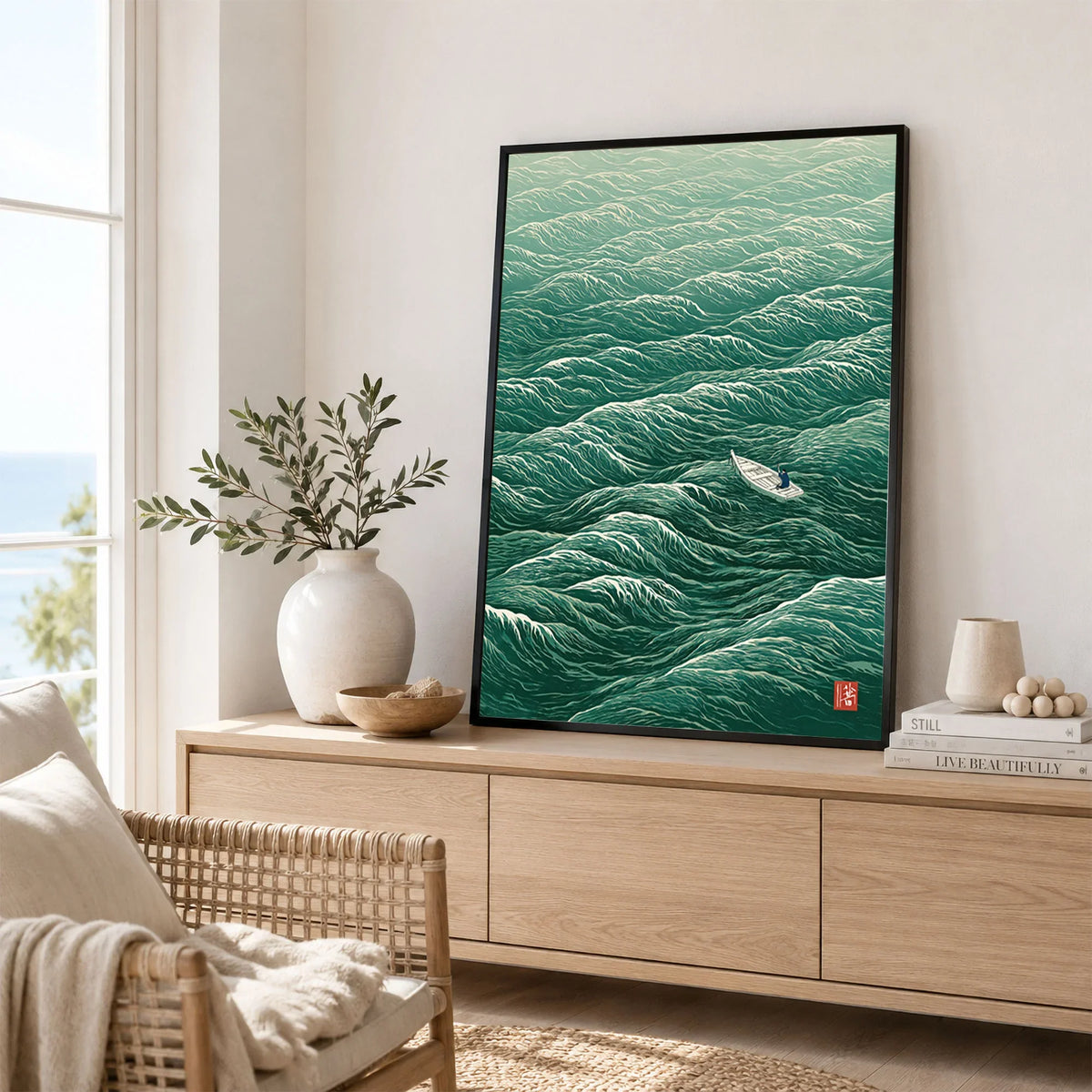Lone Boat Art Print – Japanese Ocean Wall Art — framed artwork living room lifestyle setting